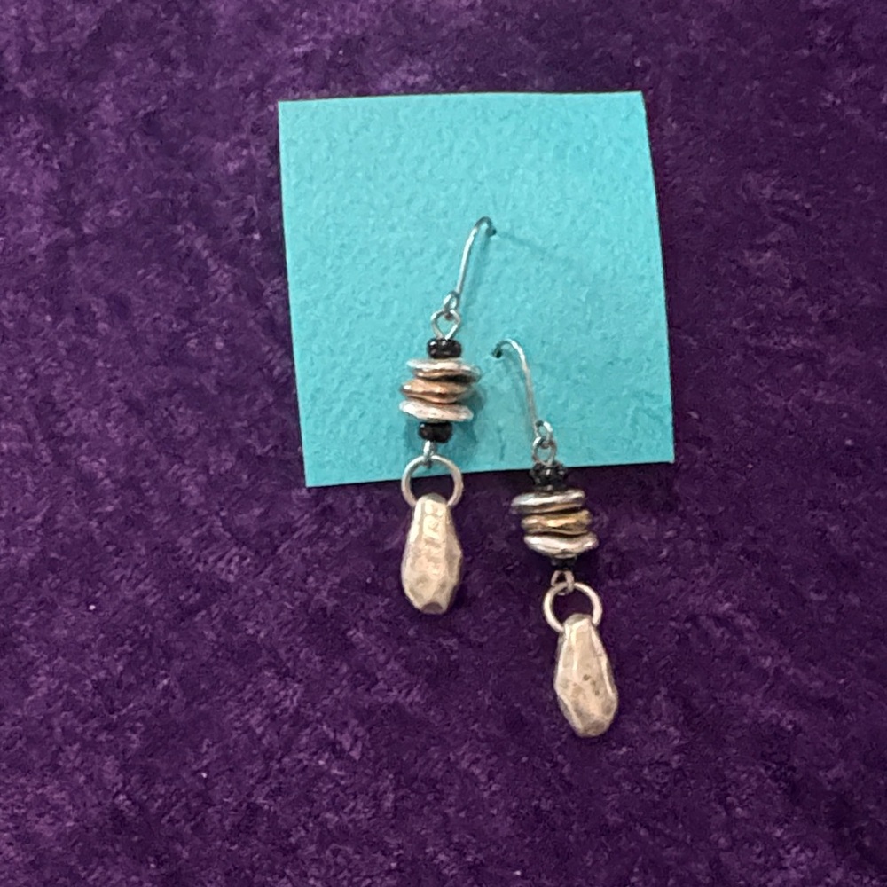 Earthy Handmade Silver-Tone Dangle Earrings in Cooper, Silver and Black